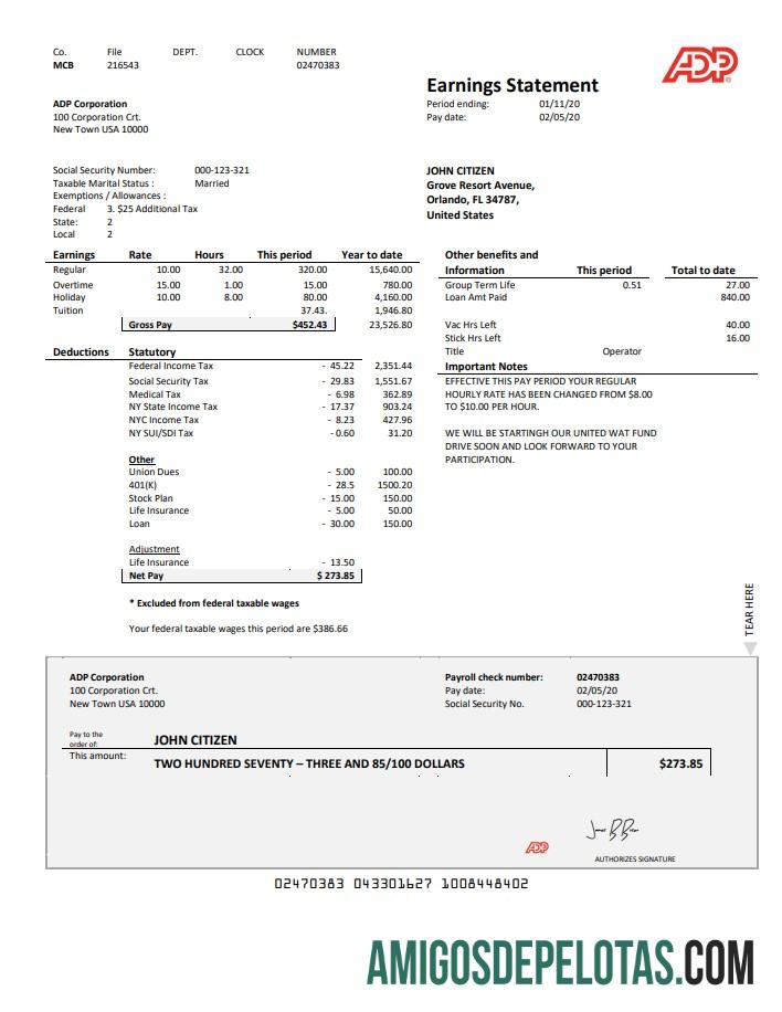Modelo de declaração de ganhos ADP dos EUA em branco em formato Word e PDF